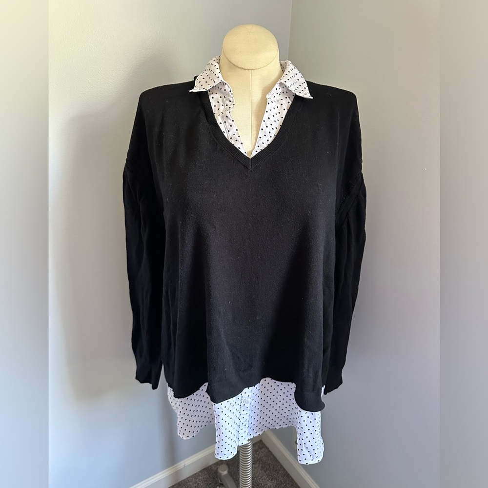 Lane Bryant Black Sweater w/Faux Polka Dot Collared Shirt Combo Top Size 22/24